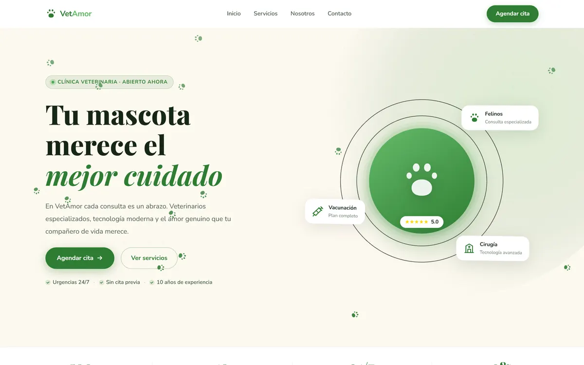 Captura de pantalla del sitio web VetAmor — Presencia digital para clínica veterinaria